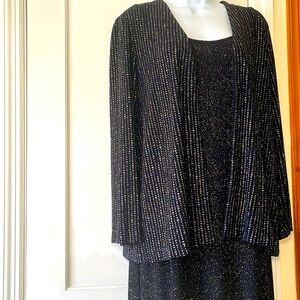 Alex Evenings Formal Set Maxi Dress +Long Jacket 14 Navy Blue Stretchy Glittery